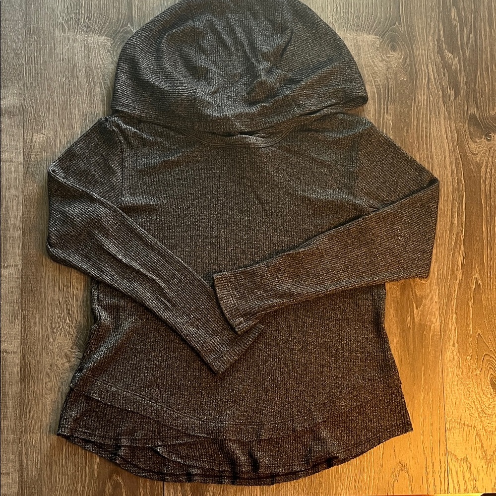 Wilt ribbed Charcoal Hooded Sweater with unique layered front edge.